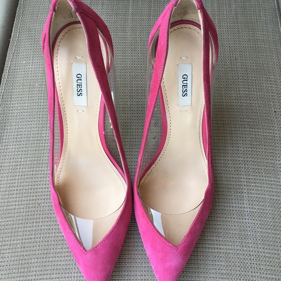 GUESS Pink Suede Clear Lucite Trim Japeen Pumps Heels 7.5 - Picture 5 of 12